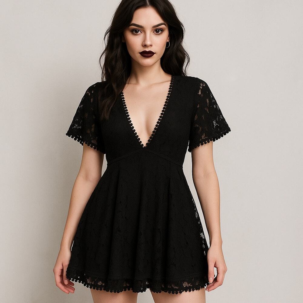Showpo Lace Mini Dress 6 Whimsigoth Romantic Babydoll  Deep V Fairy Grunge Y2K